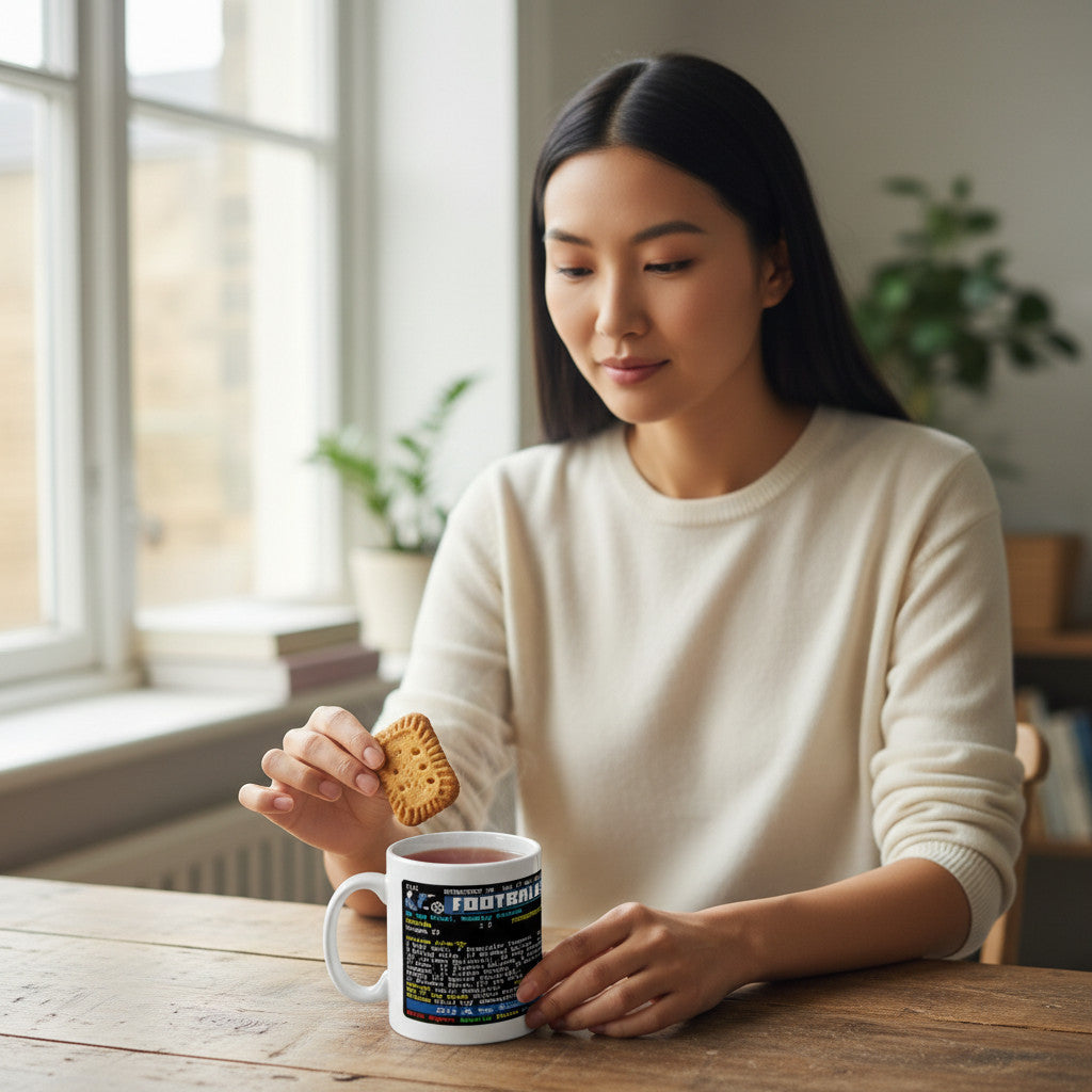 Woman dipping a biscuit into a Retrotext Chelsea 2010 FA Cup ceramic mug featuring teletext football graphics