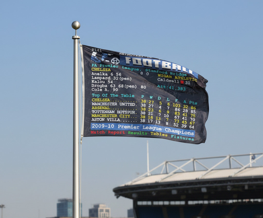 Retrotext flag featuring the 2010 Chelsea Premier League champions teletext scoreboard design flying outdoors