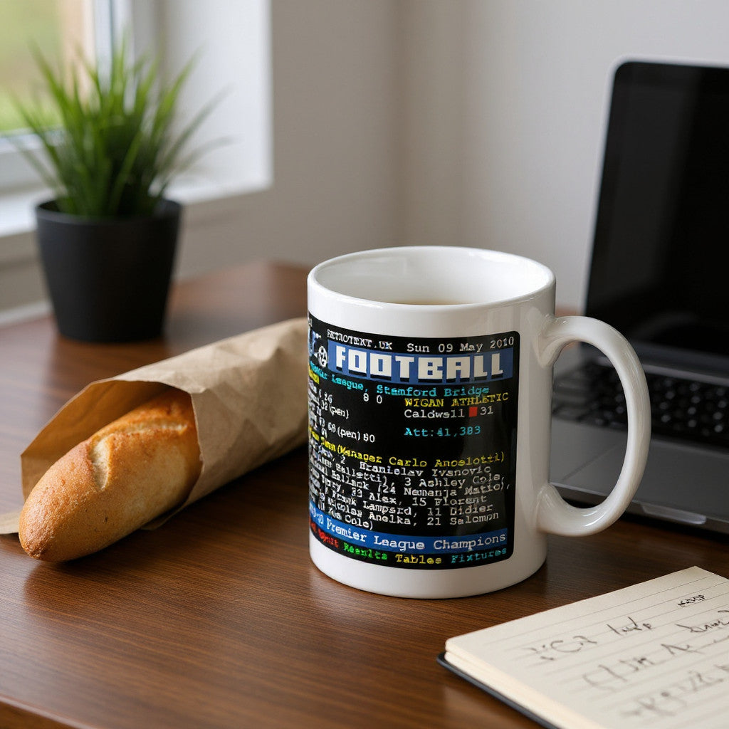 Retrotext Chelsea 2010 Premier League Champions mug with teletext style match stats on a glossy white ceramic surface.