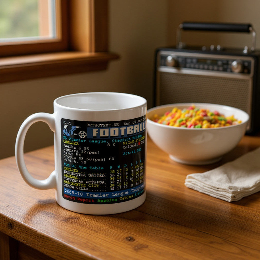 Retrotext Chelsea 2010 Premier League Champions glossy white 11oz ceramic mug featuring a vintage teletext design.