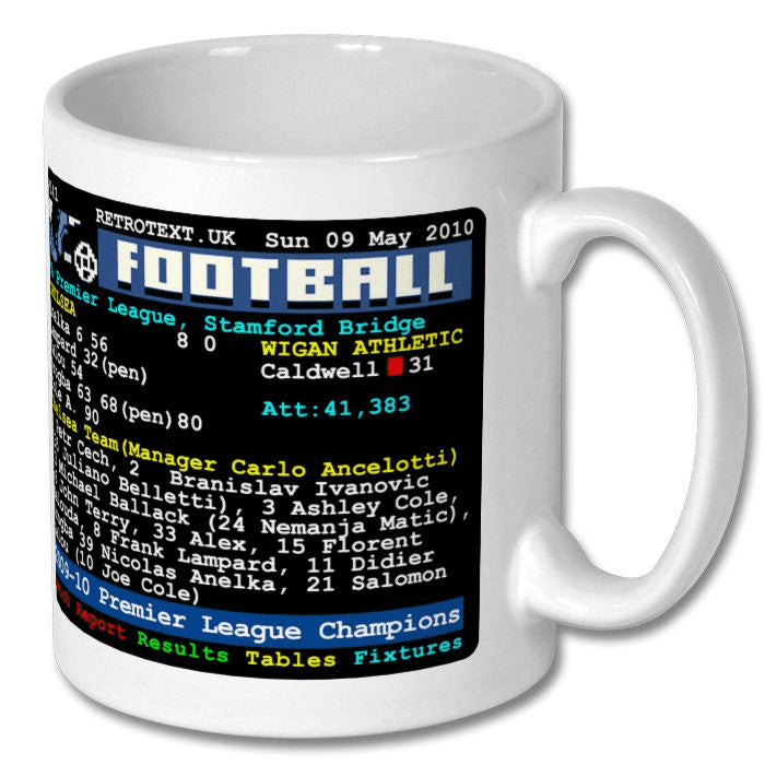 Retrotext Chelsea 2010 Premier League Champions white ceramic mug featuring a vintage teletext football score design
