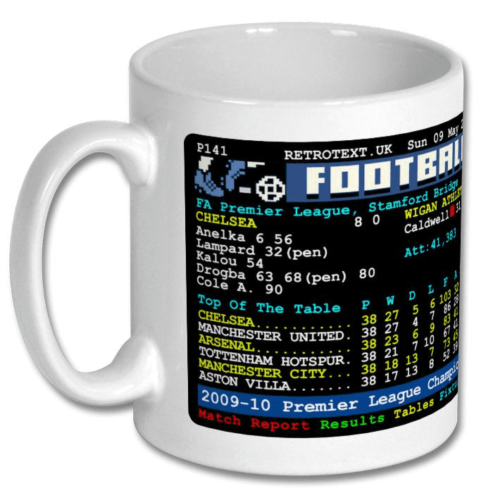 Retrotext Chelsea 2010 Premier League Champions white ceramic mug featuring a vintage teletext football results screen.