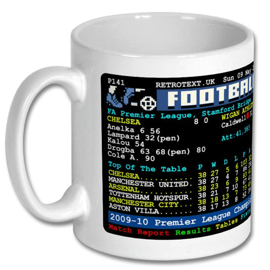 Retrotext Chelsea 2010 Premier League Champions white ceramic mug featuring a vintage teletext football results screen.