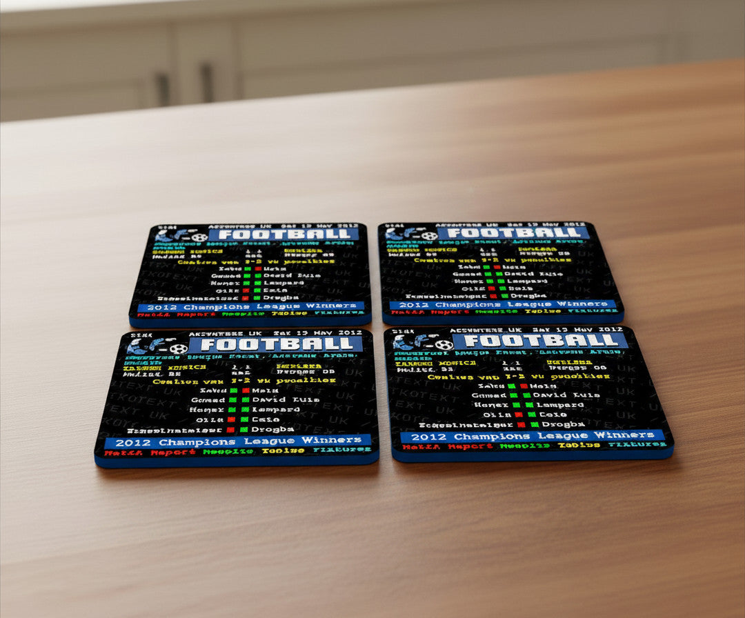Retrotext Chelsea 2012 Champions League winners teletext design coasters featuring Frank Lampard match stats