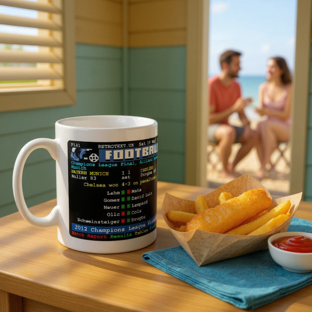 Retrotext Chelsea 2012 Champions League final teletext design mug on a table with fish and chips by the beach.