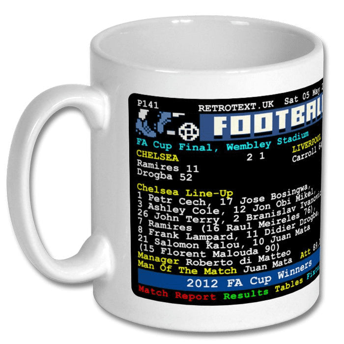 Retrotext Chelsea 2012 FA Cup Winners mug featuring a vintage teletext match report design on a glossy white finish.