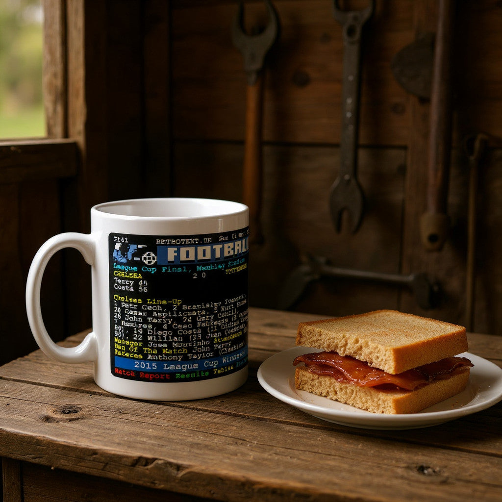 Retrotext Chelsea 2015 League Cup winners mug featuring a vintage teletext design on a glossy white 11oz ceramic cup.