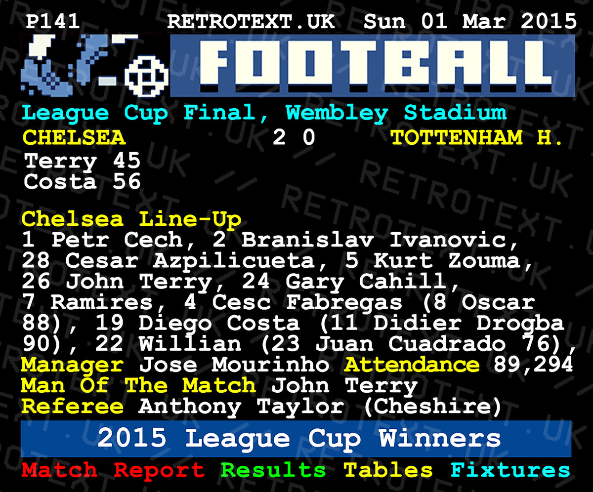Retrotext Chelsea 2015 League Cup Winners mug featuring a vintage teletext style match report design