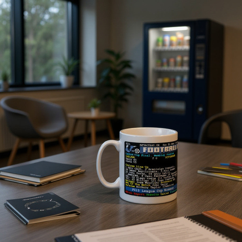 Retrotext Chelsea 2015 League Cup Winners ceramic mug with retro teletext football score design on a desk