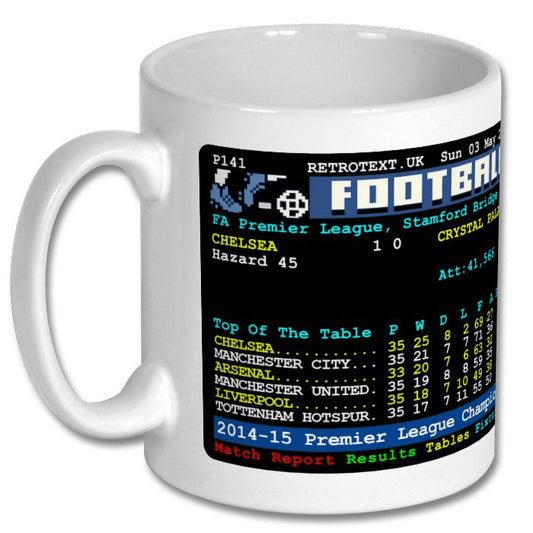 Retrotext 11oz glossy white mug featuring a 2015 Chelsea Premier League champion teletext football table design