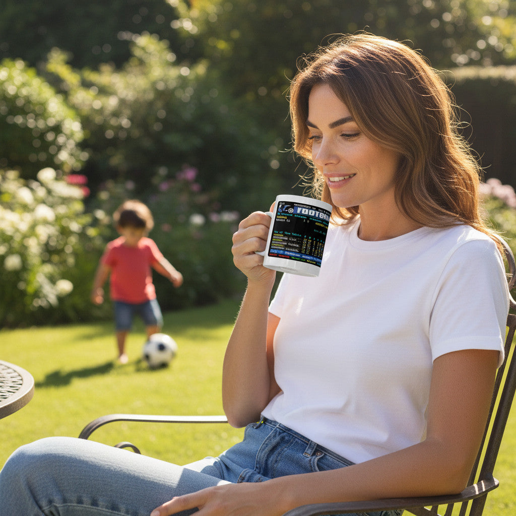 Retrotext Chelsea 2015 Premier League champions teletext mug held by a woman in a sunny garden with a child playing