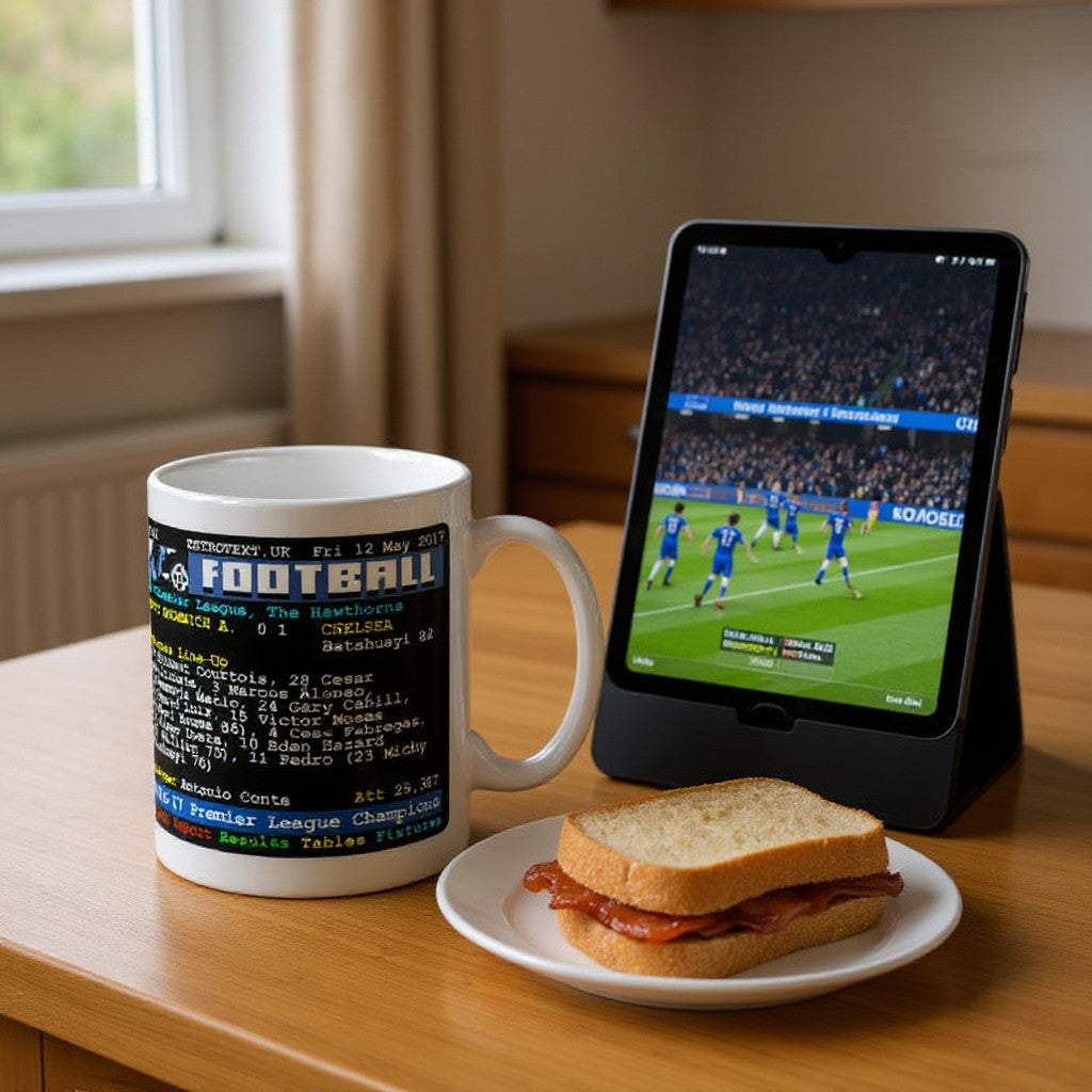 Retrotext Chelsea 2017 Premier League Champions teletext design mug on a desk next to a tablet and a bacon sandwich