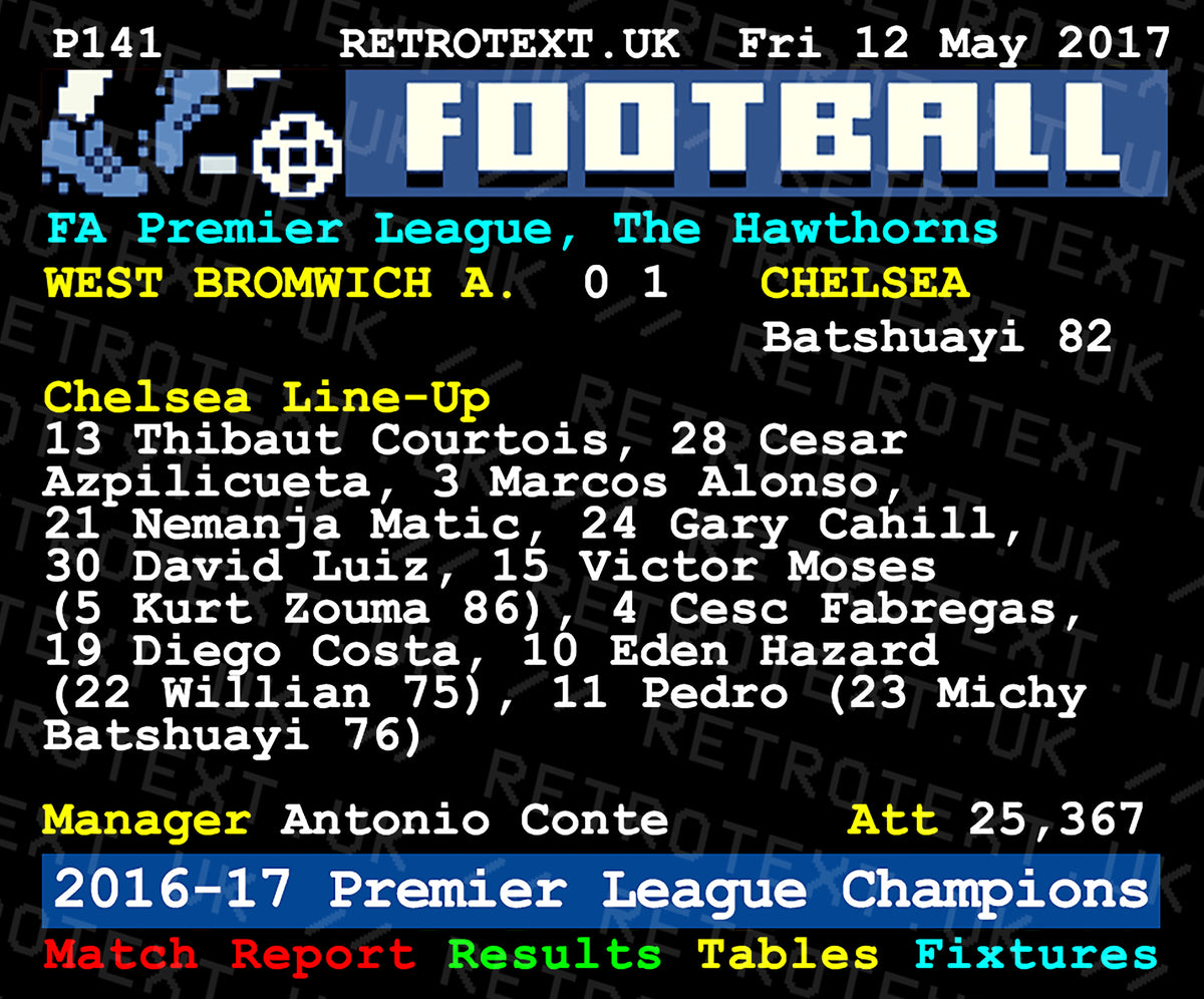 Retrotext Chelsea 2017 Premier League Champions teletext style mug featuring the West Brom match report