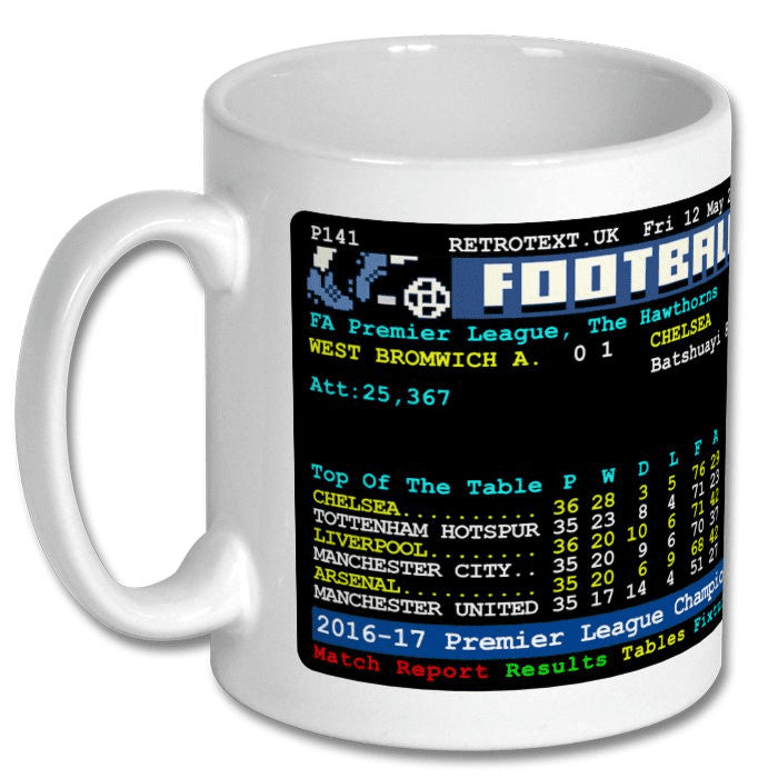 Retrotext Chelsea 2017 Premier League Champions teletext design on a glossy white 11oz ceramic mug