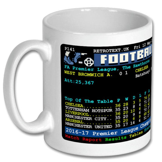 Retrotext Chelsea 2017 Premier League Champions teletext design on a glossy white 11oz ceramic mug
