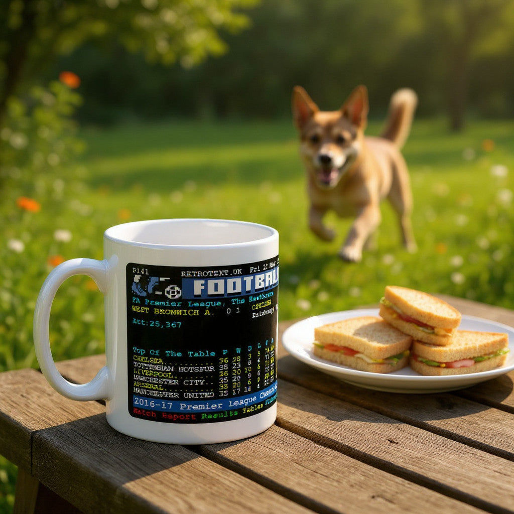 Retrotext Chelsea 2017 Premier League Champions teletext design on a glossy white 11oz ceramic mug on a garden table.