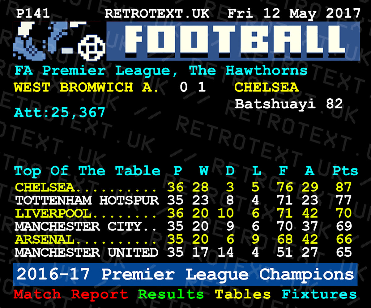 Retrotext Chelsea 2017 Premier League Champions mug featuring a vintage teletext style football league table design.