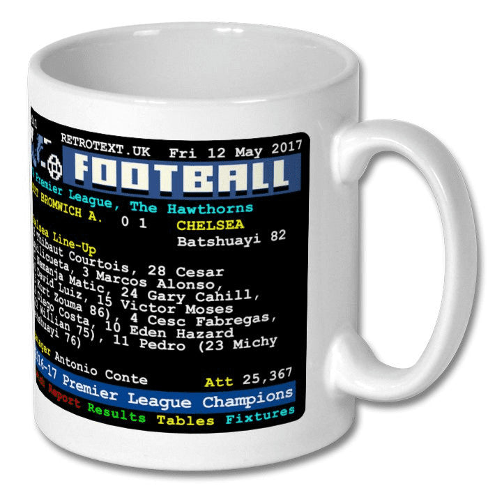 Retrotext Chelsea 2017 Premier League Champions white ceramic mug featuring a vintage teletext football score design.