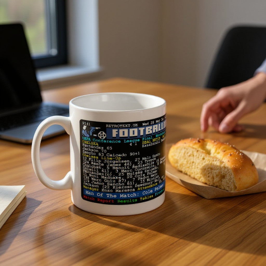 Retrotext Chelsea 2025 Conference League winners mug with Cole Palmer match details on a glossy white ceramic surface