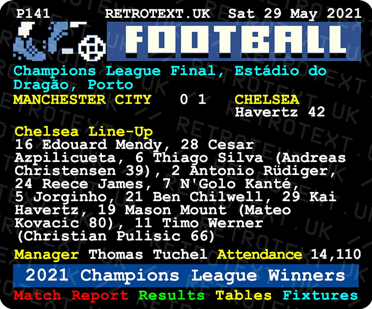 Retrotext Chelsea 2021 Champions League winners mug featuring a vintage teletext style match report design.