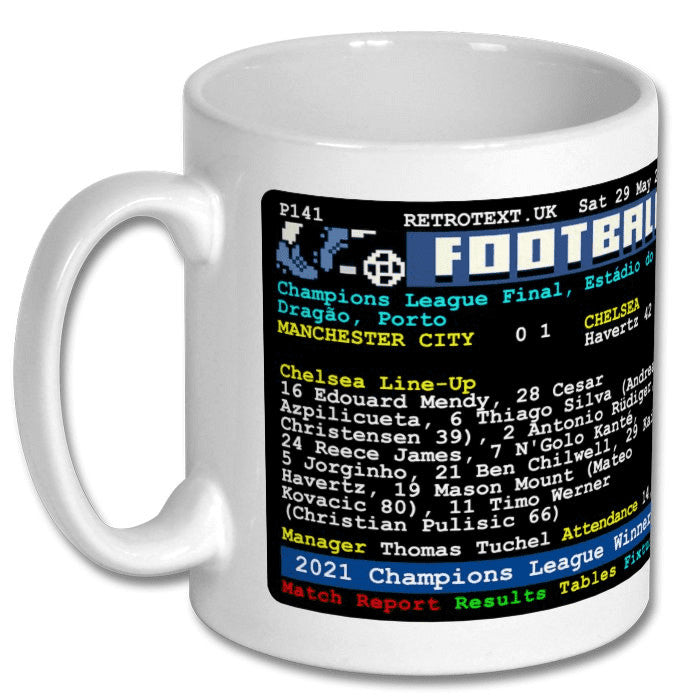 Retrotext white ceramic mug featuring a 2021 Chelsea Champions League final teletext match report design