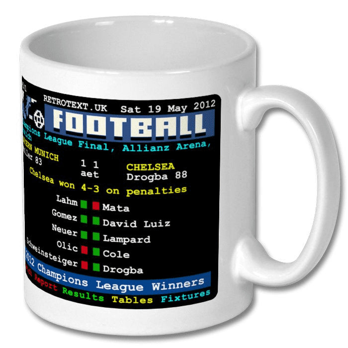 Retrotext white ceramic mug featuring a 2012 Champions League final teletext score graphic for Chelsea football fans.