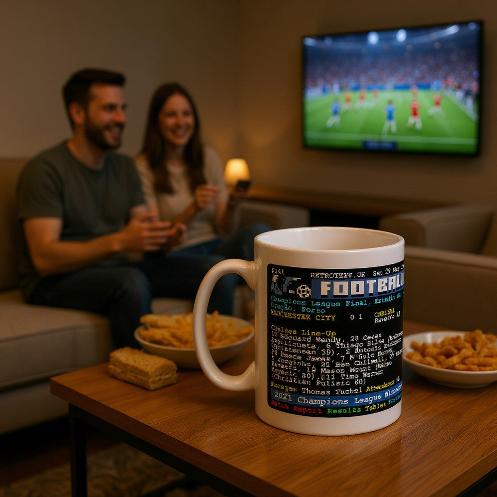 Retrotext Chelsea 2021 Champions League winners white ceramic mug with teletext style football match details