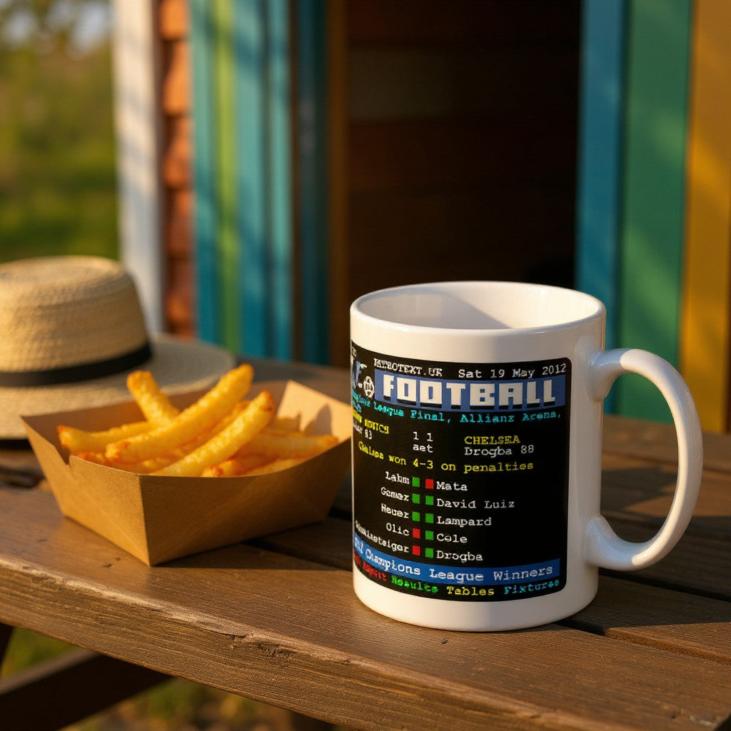 Retrotext Chelsea 2012 Champions League winners teletext design on a glossy white 11oz ceramic mug on a wooden table.