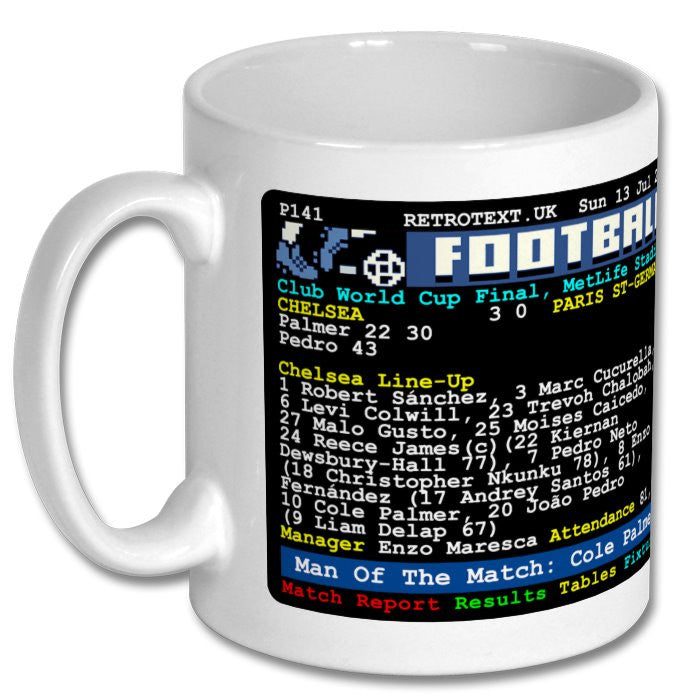 Retrotext white 11oz ceramic mug featuring Chelsea 2025 Club World Cup final match stats and Cole Palmer details.