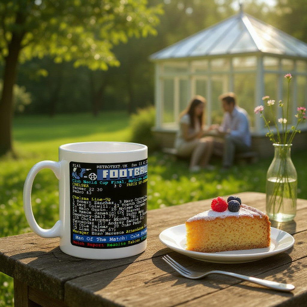Retrotext Chelsea 2025 Club World Cup Winners mug featuring Cole Palmer stats on a garden table with cake.