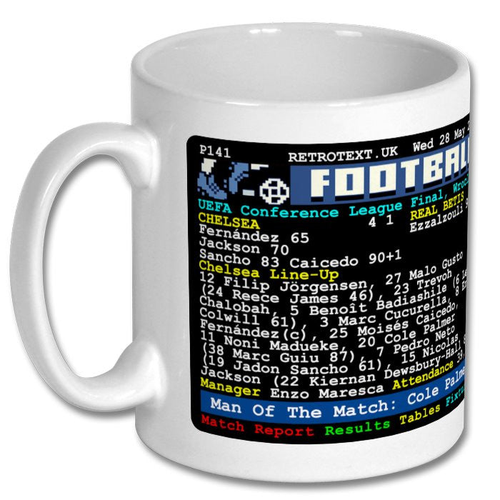 Retrotext Chelsea 2025 Conference League Winners mug featuring a glossy white finish and Cole Palmer match details.