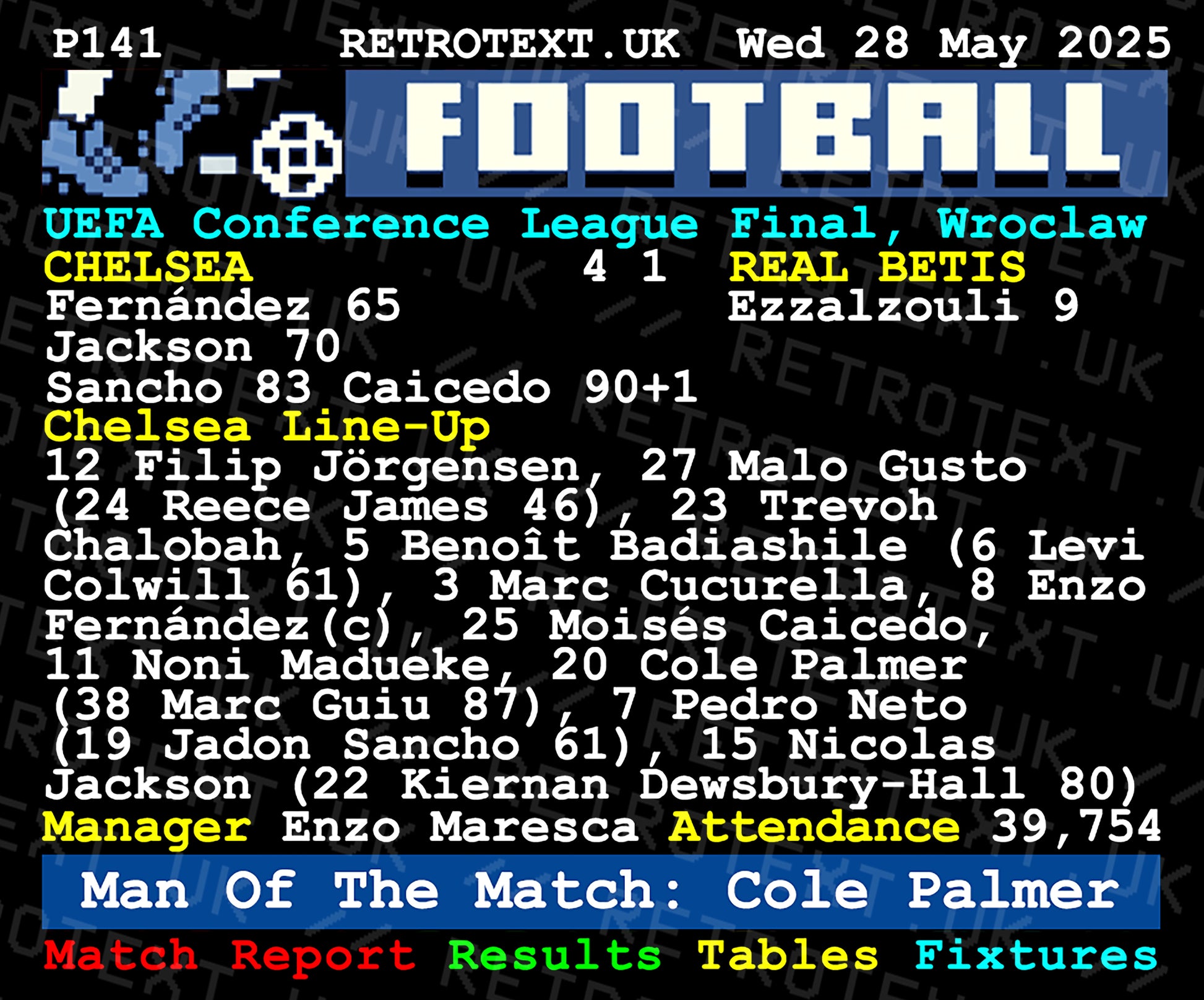 Retrotext 11oz glossy white mug featuring the Chelsea 2025 Conference League final match report and Cole Palmer stats.