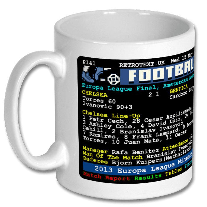 Retrotext Chelsea 2013 Europa League teletext ceramic mug with match details and line-ups in classic retro style