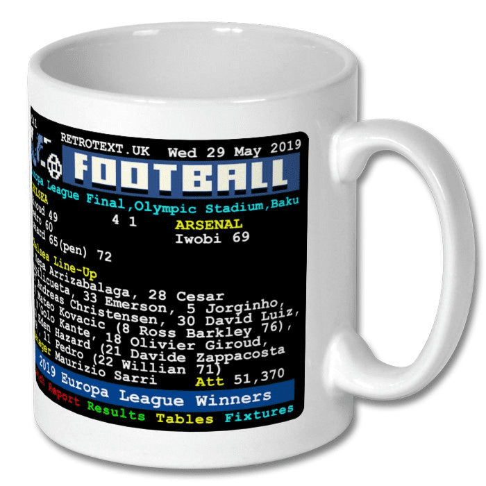 Retrotext Chelsea 2019 Europa League winners ceramic mug featuring a nostalgic football teletext match report design.