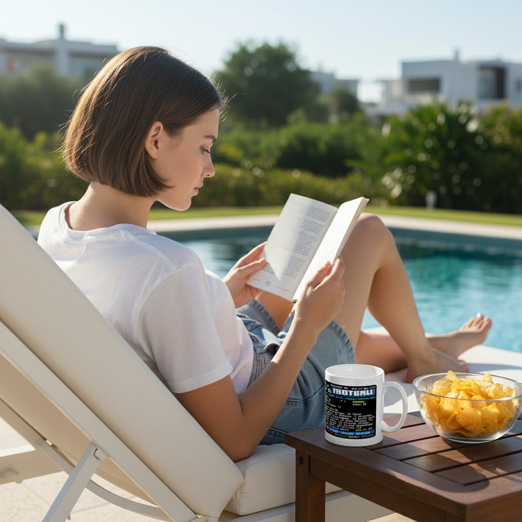 Retrotext Chelsea Europa League winners teletext mug on a side table next to a woman reading by a swimming pool
