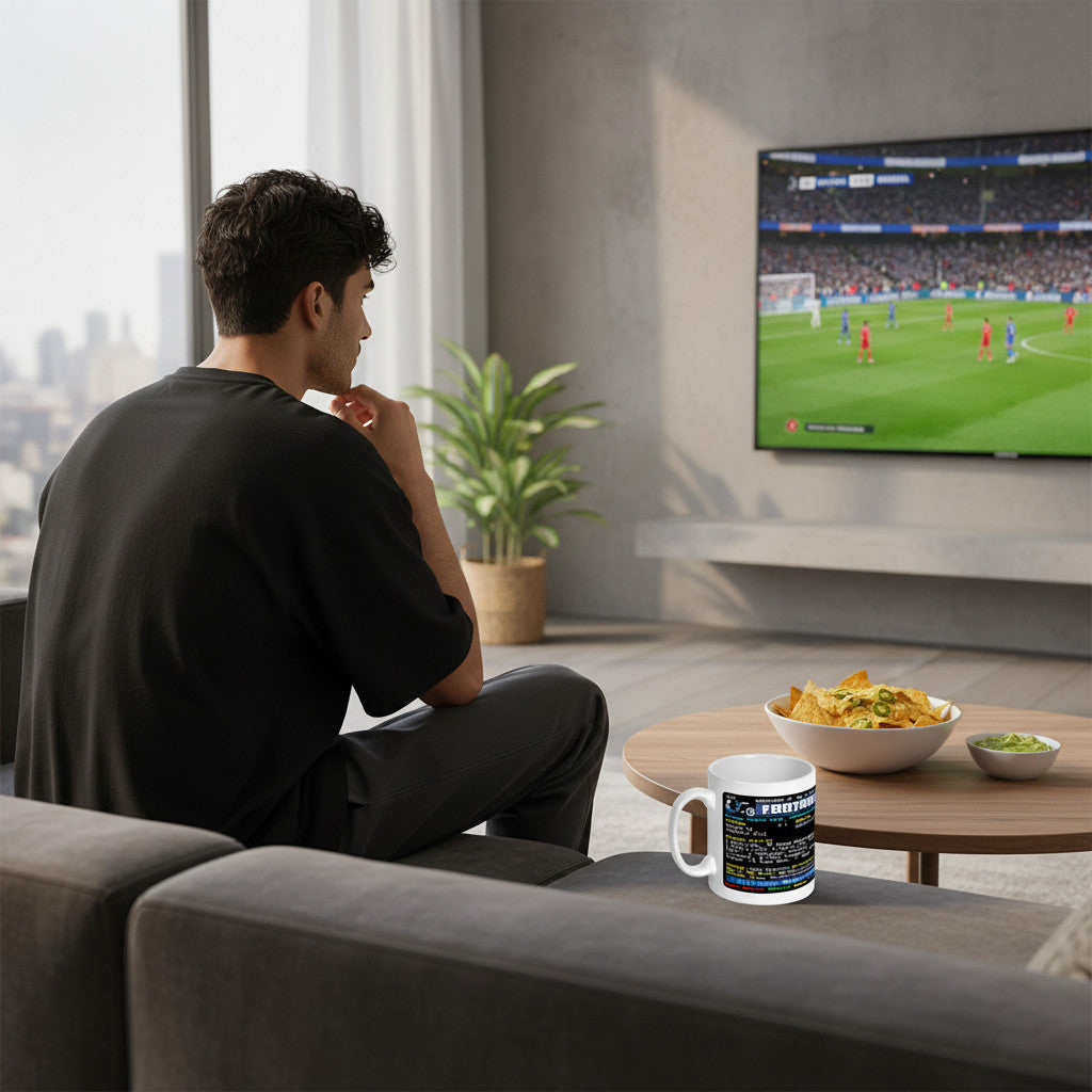 Retrotext Chelsea Europa League winners teletext mug on a coffee table next to a man watching football on TV