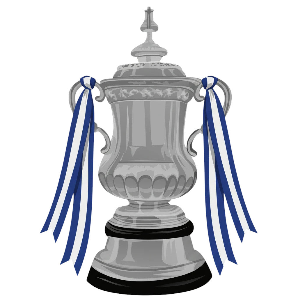 Retrotext Chelsea 2000 FA Cup winners trophy illustration on a glossy white 11oz ceramic mug