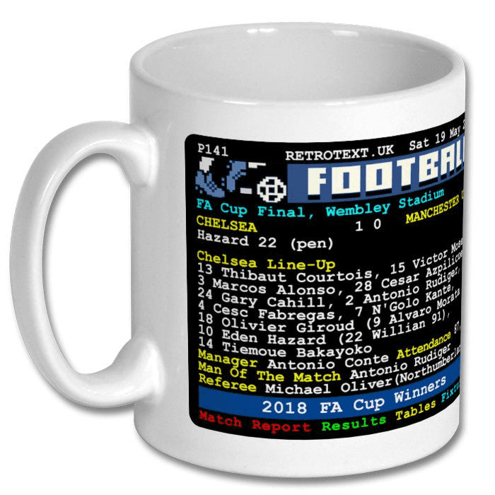 Retrotext Chelsea 2018 FA Cup winners ceramic mug featuring a nostalgic teletext match report design.