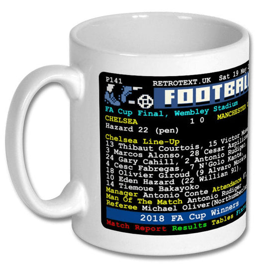 Retrotext Chelsea 2018 FA Cup winners ceramic mug featuring a nostalgic teletext match report design.