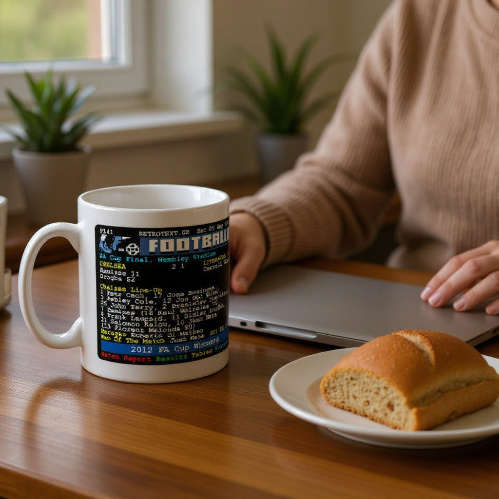 Retrotext Chelsea 2012 FA Cup Winners teletext design mug on a wooden desk next to a laptop and bread roll