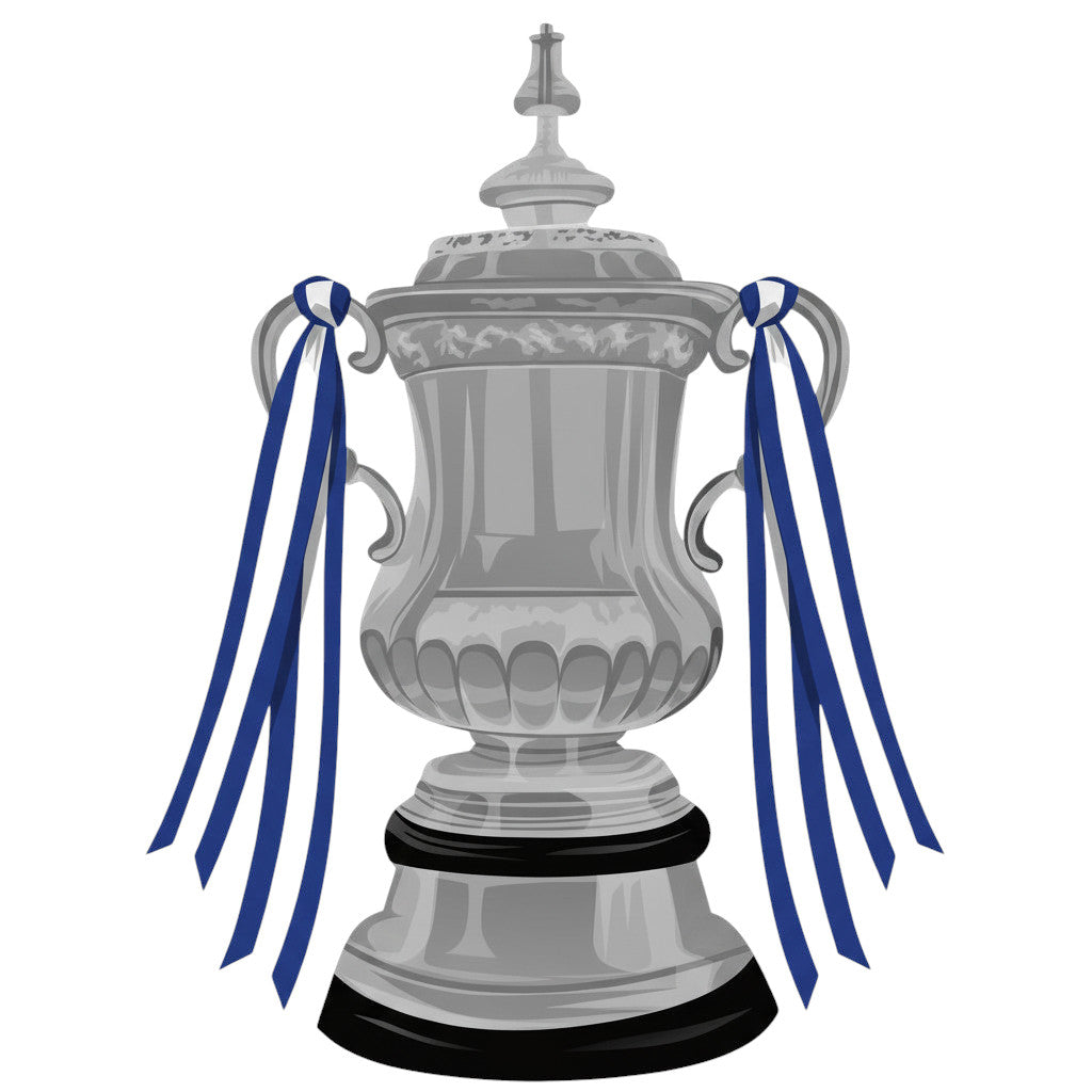 Retrotext Chelsea 2012 FA Cup trophy illustration with blue and white ribbons on a glossy white ceramic mug