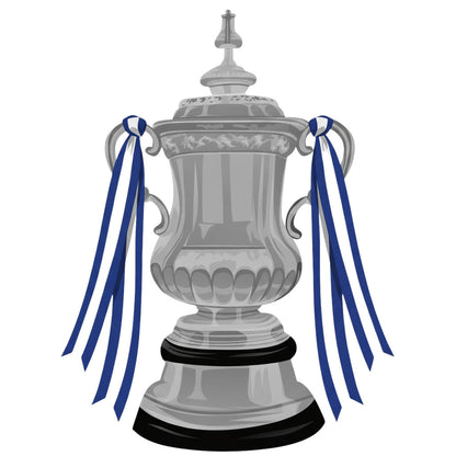 Retrotext Chelsea 2012 FA Cup trophy illustration with blue and white ribbons on a glossy white ceramic mug