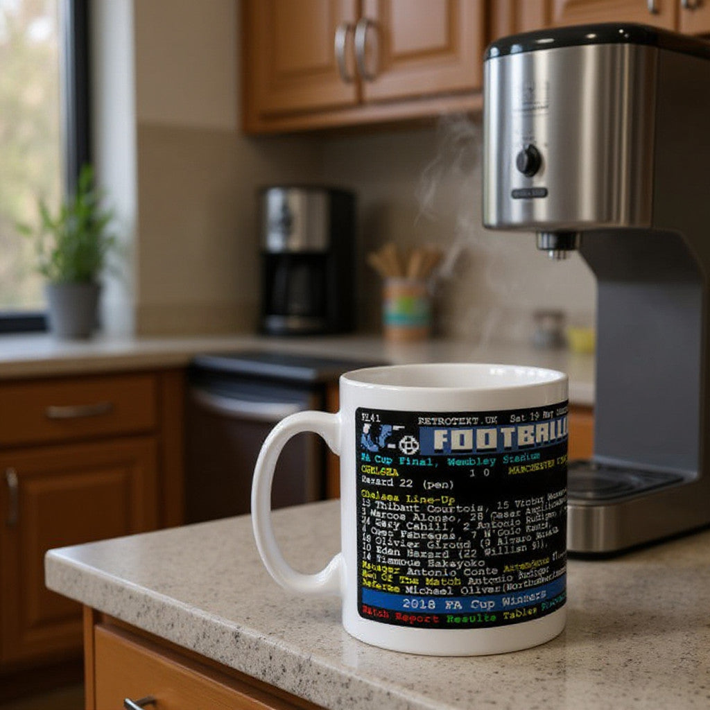 Retrotext Chelsea 2018 FA Cup winners ceramic mug with nostalgic teletext match details design on a kitchen counter