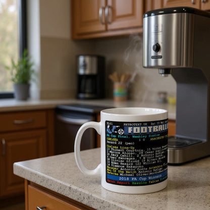 Retrotext Chelsea 2018 FA Cup winners ceramic mug with nostalgic teletext match details design on a kitchen counter