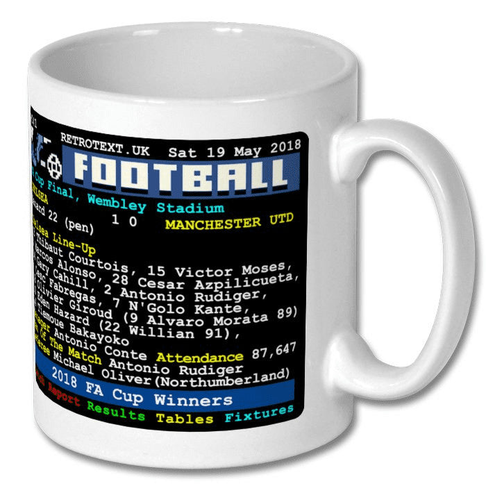 Retrotext Chelsea 2018 FA Cup Winners ceramic mug featuring a nostalgic teletext match report design.
