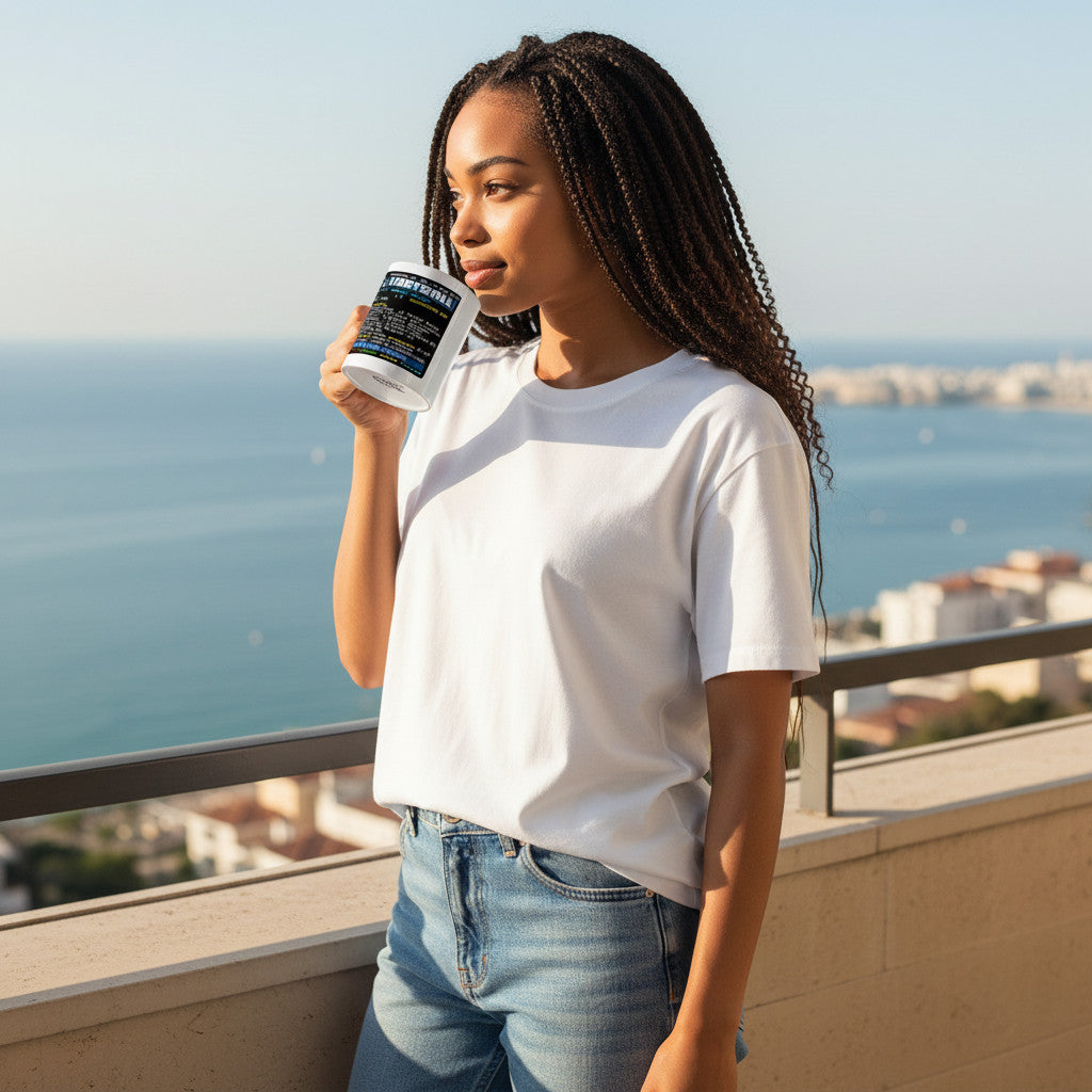 Woman in white t-shirt holding a Retrotext Chelsea 2018 FA Cup winners teletext ceramic mug on a balcony by the sea