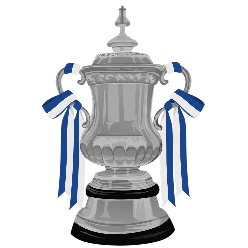Retrotext Chelsea 2018 FA Cup winners ceramic mug featuring a detailed illustration of the silver trophy with blue ribbons