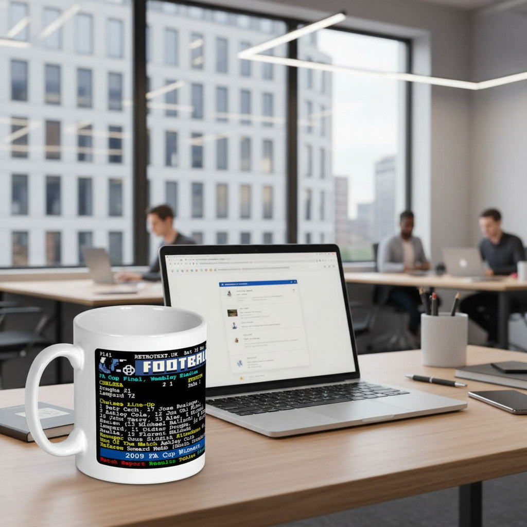 Retrotext Chelsea 2009 FA Cup winners ceramic mug with teletext match report design on a modern office desk