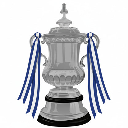 Retrotext FA Cup trophy illustration with blue and white ribbons, celebrating Chelsea 2007 victory
