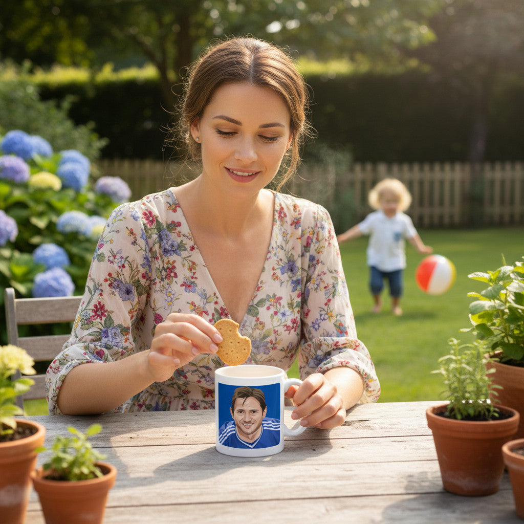 Retrotext Chelsea 2009 FA Cup Winners mug featuring Frank Lampard, held by a woman in a garden setting.